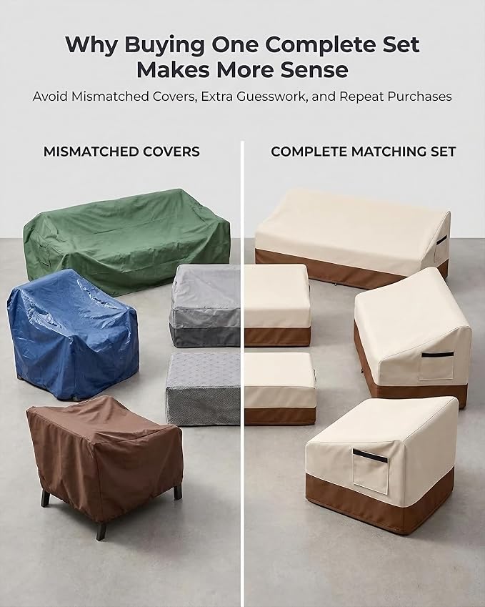 5 Piece Patio Furniture Cover Set, Waterproof Outdoor Furniture Covers for 3-Seater Sofa, Loveseat, Chairs & Coffee Table, Heavy Duty 600D Lawn Patio Set Covers, UV-Resistant All-Season, Beige&Brown - Image 9