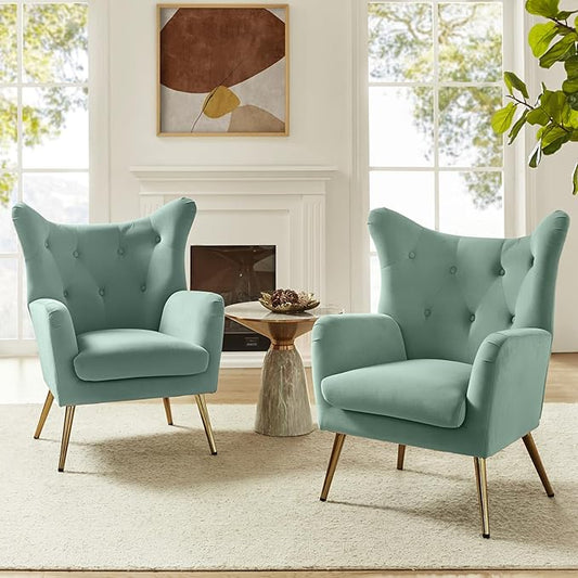 HULALA HOME Velvet Accent Chair Set of 2, Modern Wingback Arm Chair with Metal Gold Legs, Velvet Tufted Upholstered Single Sofa(SAGE)
