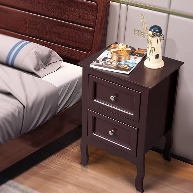 Karl home Brown Nightstand Set of 2 for Bedroom, Vintage Small Night Stand with Drawers, Farmhouse Side Table, Wooden End Tables with Curved Legs for Office, Mid-Century - Image 6