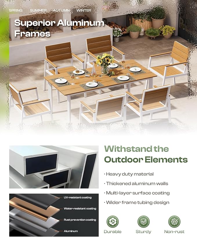 Outdoor Dining Set for 4, Patio Table and Chairs Set with Umbrella Hole, 5 Pieces HDPS + Aluminum Outdoor Furniture Sets for Patio, Garden (White & Teak) - Image 4