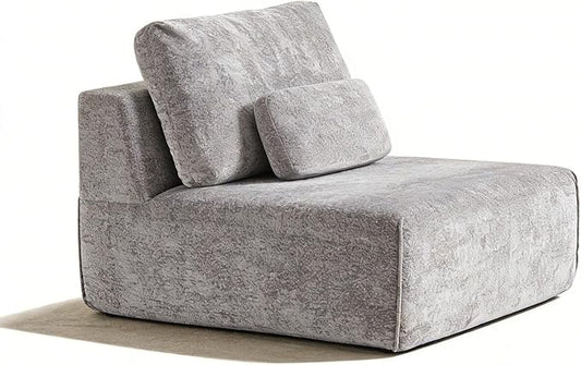 Modular Single Sofa Couch, Grey Plush Velvet No-Assembly Compressed Sofa, Deep-Seat Lounge Chair for Small Spaces Living Rooms Apartments Dorms