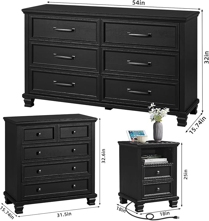 SAVOR LIFE Farmhouse Dresser and Nightstand Sets of 3, 6/5 Drawer Dresser & 2 Drawer Nightstand, Rustic Black Bedroom Furniture Set for Home, Bedroom, Hallway, Black