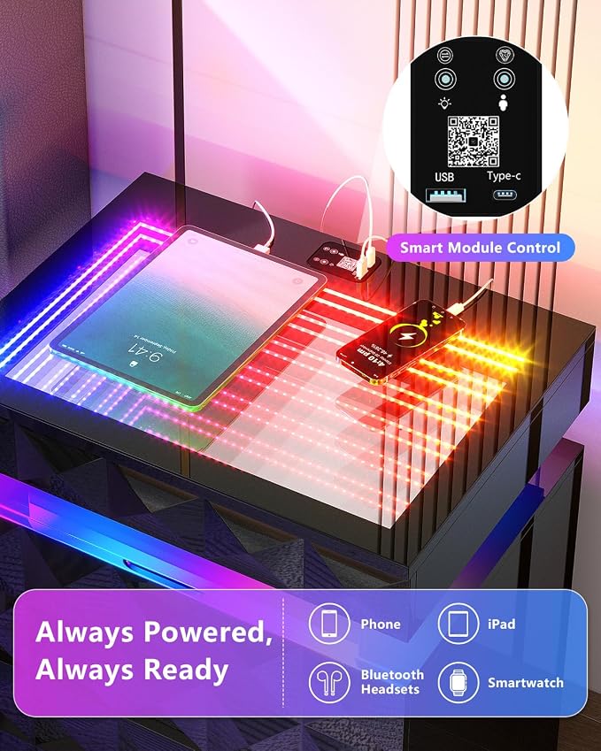 Night Stand Set 2 with Charger Station & RGB Lights, 3 Drawers Bedside Table with Sliding Top, Modern Night Stands with Human Body Sensor for Bedroom, Black - Image 3