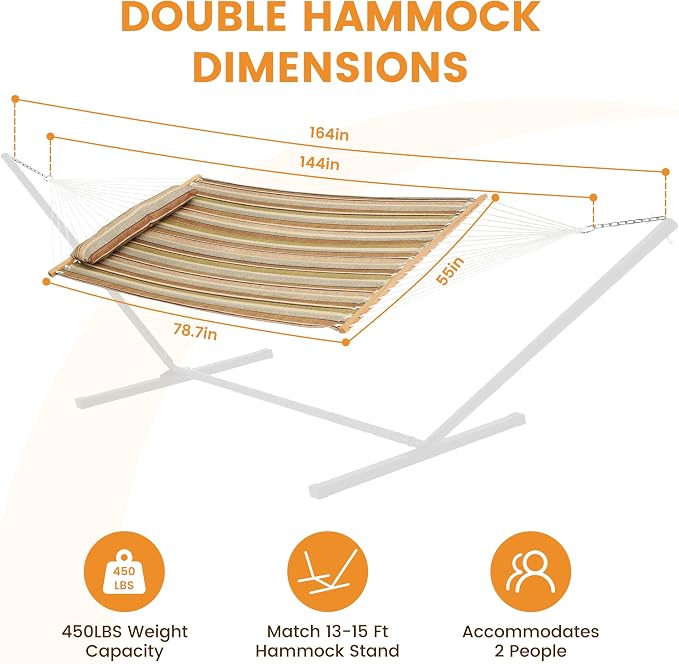 Lazy Daze Hammocks 12 FT Quilted Fabric Double Hammock with Spreader Bars and Detachable Pillow, 450lbs Weight Capacity, Brown Stripe - Image 2