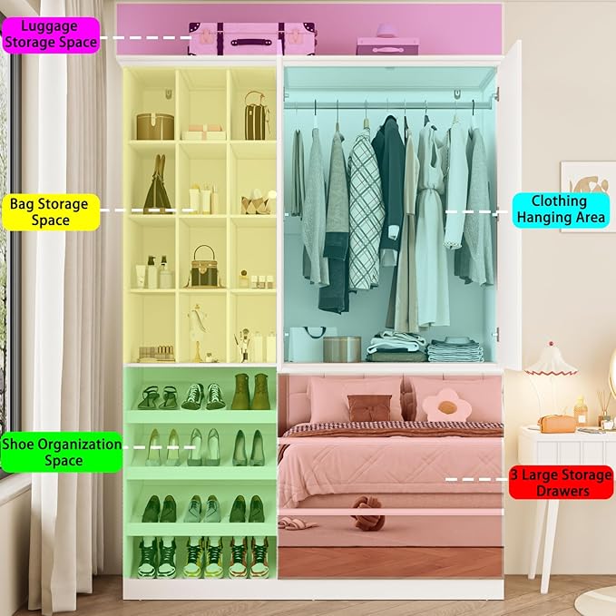 Mirrored Wardrobe Closet with Shoe Cabinet Storage, White Armoire with Shelves and 3 Drawers, Modern Clothes Storage Cabinet with Hanging Rod for Bedroom Guest Room