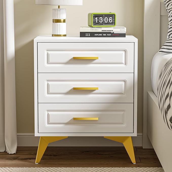 Giluta White Nightstand with 3 Drawers, Modern Night Stand with Gold Solid Metal Legs & Handles, Wood Bedside Table, Sofa End Side Table for Bedroom by Giluta