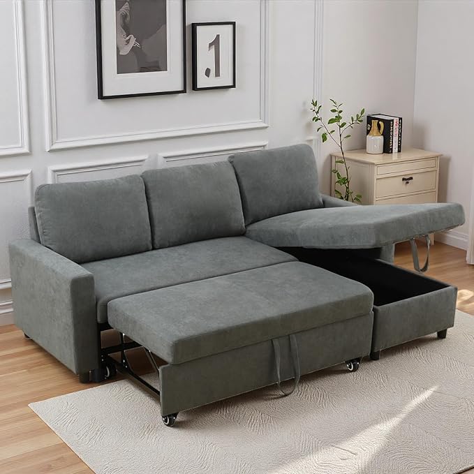 83 Inch Pull Out Couch, Convertible Sofa Bed for Living Room, Comfortable Sleeper Sofa with Pull Out Bed, Modern Sectional Couches with Storage Chaise, Easy Assembly for Apartment, Dark Grey