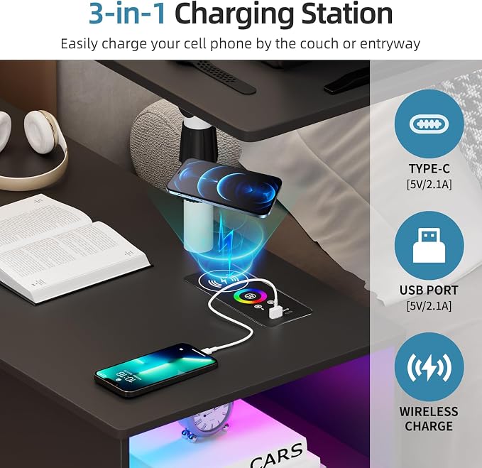 Gurexl 360° LED Nightstand with Wireless Charging Station, Movable Adjustable Bedside Table with Laptop Tray, Auto Sensor Night Stand for Bedroom (Black) - Image 4