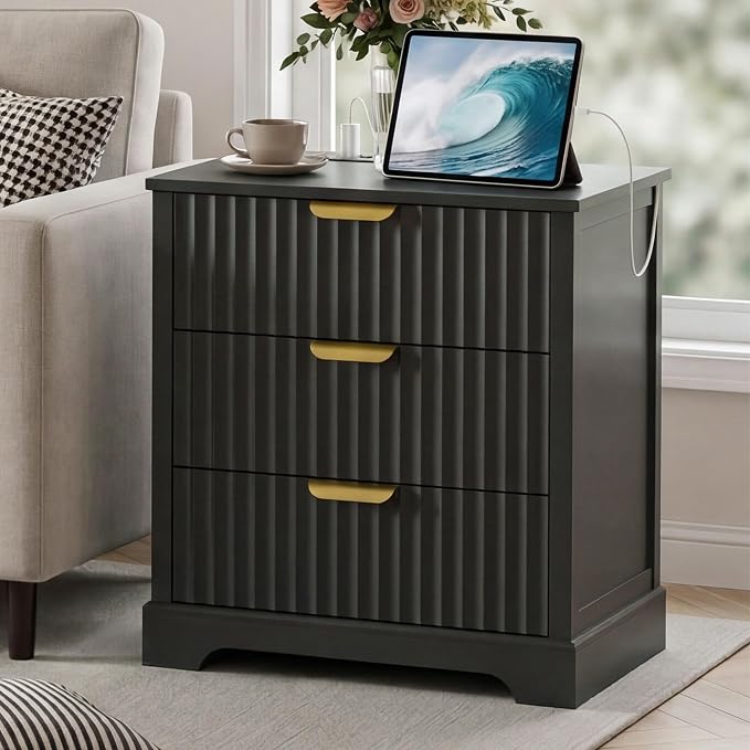 Fluted Nightstand Set of 2, Modern Night Stands with Charging Station and 3 Drawers, Large Bedside Tables for Bedroom, Black - Image 3