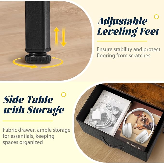 Night Stand with Charging Station, Bedside Table with Adjustable Fabric Drawers, End Table with LED Lights, Side Table with USB Ports Open Shelf for Bedroom, Black - Image 5