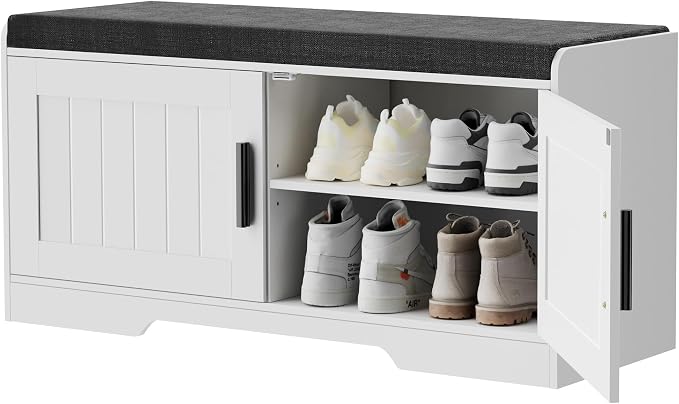 Homleke 2-Tier Storage Bench, Shoe Bench with Thickened Padded Seat Cushion, Entryway Bench with 2 Doors, Adjustable Shelf, 13.8" D x 37.4" W x 18.5" H, for Entryway, Living Room, Bedroom, White - Image 9