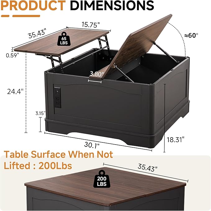 Lift Top Coffee Table with Hidden Storage and Power Outlets, 35.4 Square Center Table Solid Matte Finish, Hidden Storage Coffee Table for Saving Spaces w/ 2AC, 2USB (Weathered Gray, 35.4 inch)