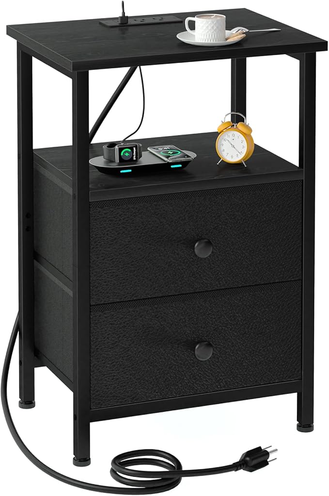 LOAKEKEL Night Stand with Charging Station, Small Bedside Table with 2 Fabric Drawers, Nightstand with USB Ports & Outlets for Bedroom, Black, HETS020BK-1 by LOAKEKEL