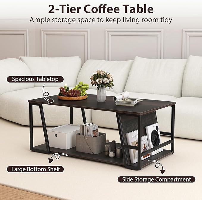 Giantex Modern Coffee Table with Storage, 2-Tier Rustic Wood Center Table with Shelf, Compartment, Metal Frame, Rectangular Geometric Living Room Table for Apartment (Espresso)