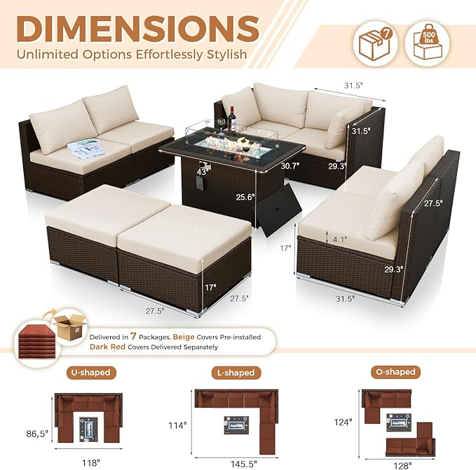 BULEXYARD 9 Piece Highback Patio Furniture Set with Fire Pit Table, Modern Modular Outdoor Sectional Couch Sofa with Ottoman, 8-Person Backyard Seating for Outside, Deck, Brown Wicker & Red Cushion
