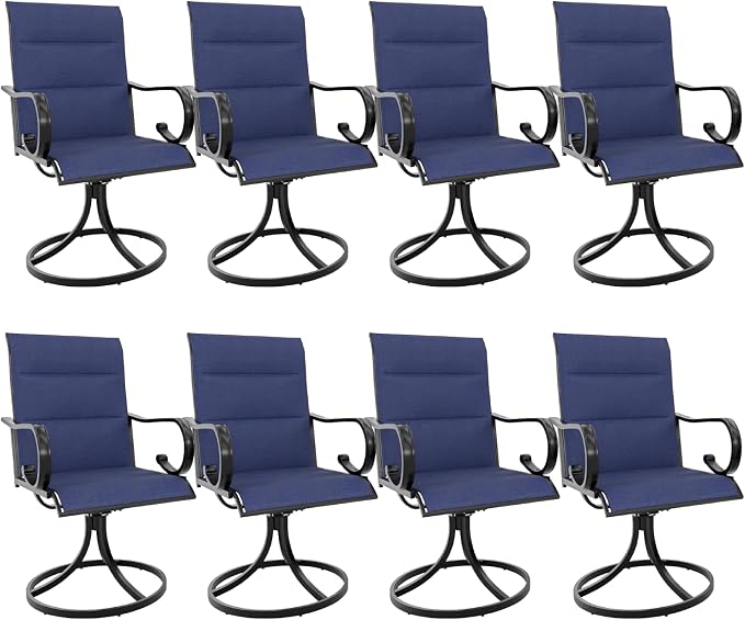 MELLCOM Swivel Outdoor Chairs Set of 8, High Back Padded Textilene Patio Dining Chairs with E-Coating Metal Frame, All-Weather Outdoor Furniture Rocker for Backyard, Porch, Garden, Lawn, Blue by MELLCOM