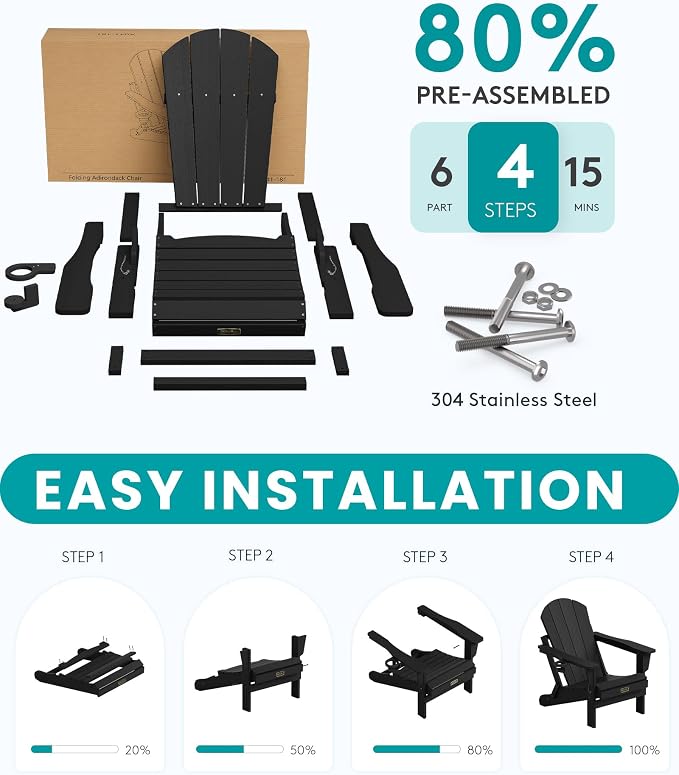 SERWALL Folding Adirondack Chair Set of 2, All Weather Adirondack Chairs with Cup Holder for Patio Garden Outdoors Fire Pit - Black - Image 4