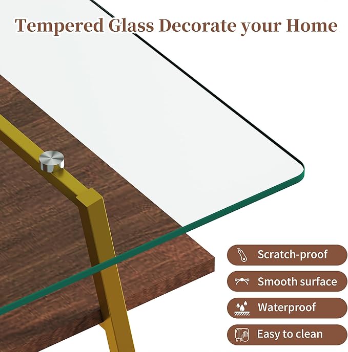 IANIYA Glass Coffee Table for Living Room Small Gold Mid Century Coffee Table for Living Room with Wood Shelves (Gold Frame, Transparent Glass + Brown Wood)