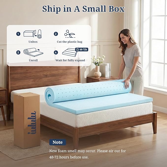Queen Mattress Topper, 4 Inch Gel Memory Foam, Plush Comfort, Pressure Relief, Ventilated Breathable Design, CertiPUR-US Certified, Blue