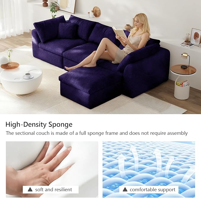 108" Modular Sectional Sofa Boneless Cloud Couch for Living Room, L Shape Deep Seat Recliner Sofa with Ottoman, Adjustable Backrest & 2 Throw Pillows - Covers Washable, (Purple, 3 Seater+1 Ottoman)