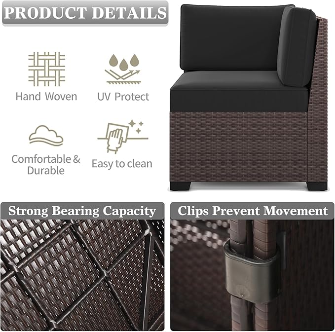 LayinSun 13 Pieces Outdoor Patio Furniture Set with 44" Fire Pit Table Brown Rattan Sectional Sofa Conversation Sets