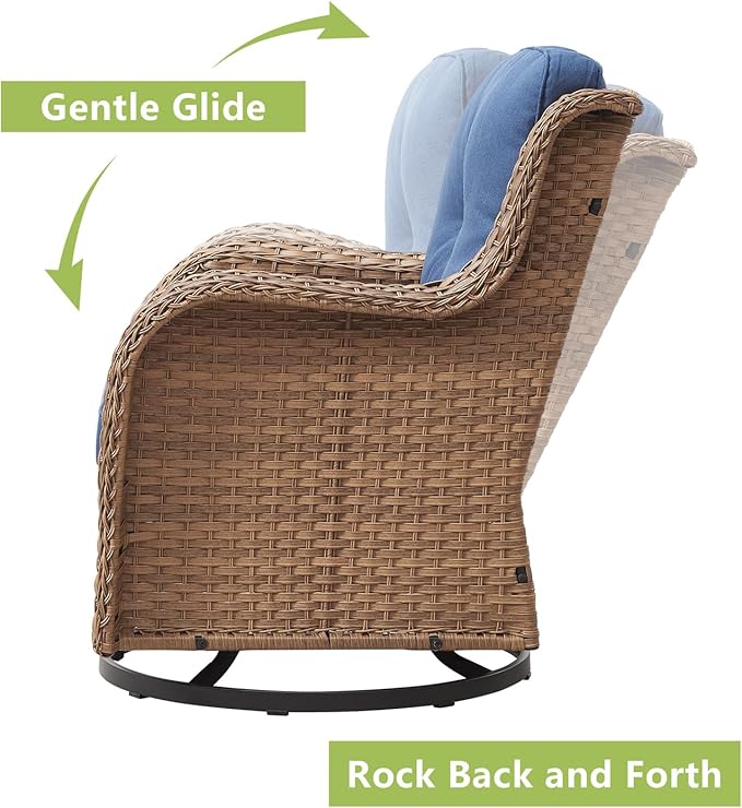 Rilyson Patio Chairs Wicker Outdoor Chair - 6 Piece Rattan Patio Swivel Rocking Chairs Set with Glass Top Side Table for Porch Deck Backyard(Yellow/Blue)