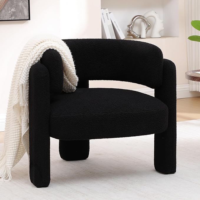 Accent Chair for Living Room, Modern Sherpa Barrel Chair, Upholstered Living Room Chairs with 3 Legs, Comfy Armchair Reading Side Chair for Bedroom, Office, Apartment, Black