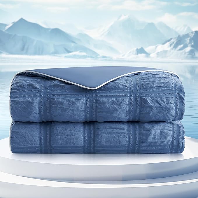 Cozy Bliss Cooling Comforter Seersucker Plaid Twin Size, Q-Max 0.45 Lightweight Cooling Blanket, Breathable Silk Smooth Summer Bedding Quilt for Hot Sleepers Night Sweats Denim Blue