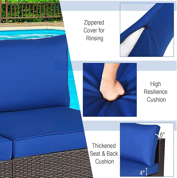 Tangkula 2 PCS Outdoor Wicker Armless Sofa, Patio Rattan Sectional Sofa Set w/2 Thick Seat Cushions and 2 Back Cushions, Additional Seats for Balcony Garden Patio Poolside (Navy Blue)
