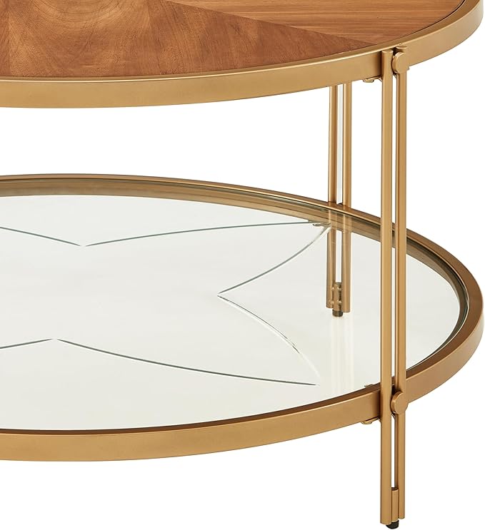 32" Round Wood Coffee Table with Glass Bottom, Circle Coffee Table with Wood Top ＆ Metal Frame, Small Center Table for Living Room, Apartment (32" Dx32 Wx18 H, Gold)
