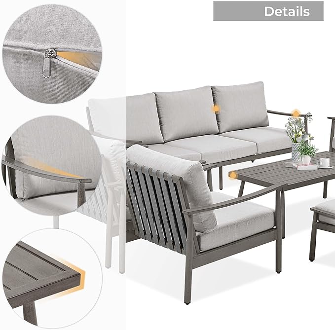 HAPPATIO Patio Outdoor Furniture Set - 7 Pieces Aluminum Outdoor Conversation Set Includes 1 Three-Seater Sofa, 1 Coffee Table, 1 Loveseat, 2 Armchairs and 2 Ottomans for Porch, Yard, Lawn (Grey)