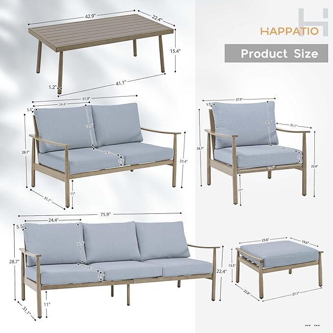 HAPPATIO Patio Outdoor Furniture Set - 7 Pieces Aluminum Outdoor Conversation Set Includes 1 Three-Seater Sofa, 1 Coffee Table, 1 Loveseat, 2 Armchairs and 2 Ottomans for Porch, Yard, Lawn (Brown)