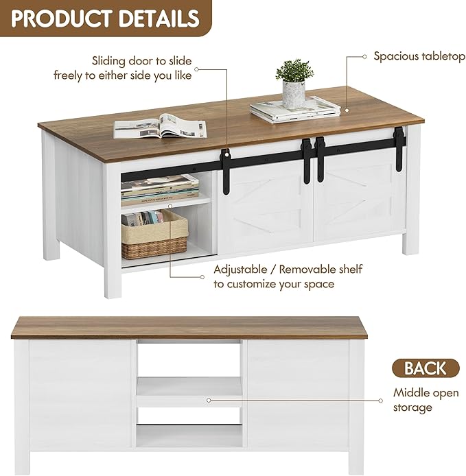 JUMMICO Farmhouse Coffee Table with Storage & Sliding Barn Doors, Modern Rustic Living Room Table with Adjustable Shelves, Wooden Rustic Center Table for Living Room (Antique White)