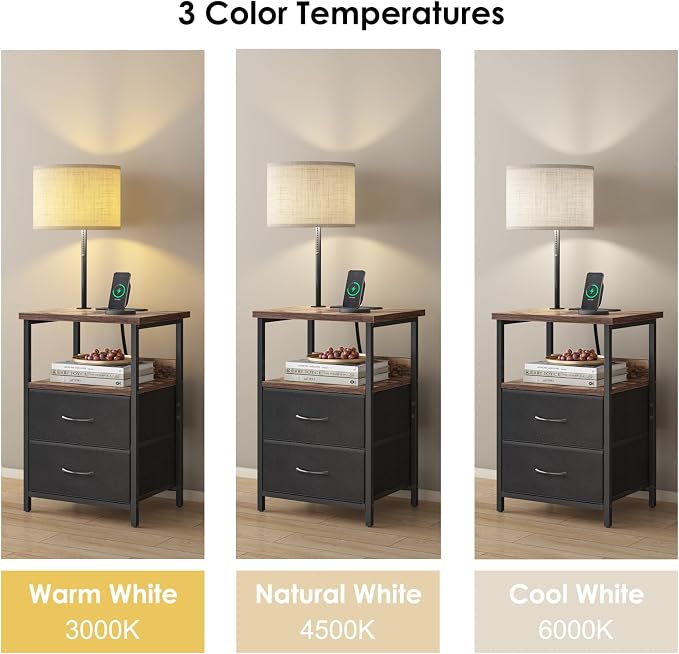 Fixwal Bedside Table with 3 Color Temperature Reading Light, Nightstand with LED Light & Charging Station End Table with Adjustable Fabric Drawer for Bedroom, Dorm, Rustic Brown - Image 5