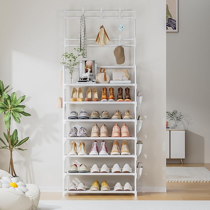 OYREL Shoe Rack 7 Tier Shoe Organizer Storage 21-28 Pairs Closet Shoes Rack for Front Door Entrance Shoe Rack Organizer with Hooks Side Pocket Entryway Large Capacity Shoe Shelf Tower Garage - Image 7
