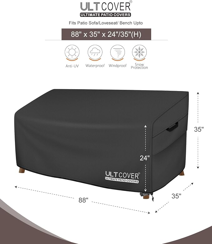 ULTCOVER Patio Furniture Sofa Cover 88W x 35D x 35H inch Waterproof Outdoor 3-Seater Couch Cover, Black - Image 2