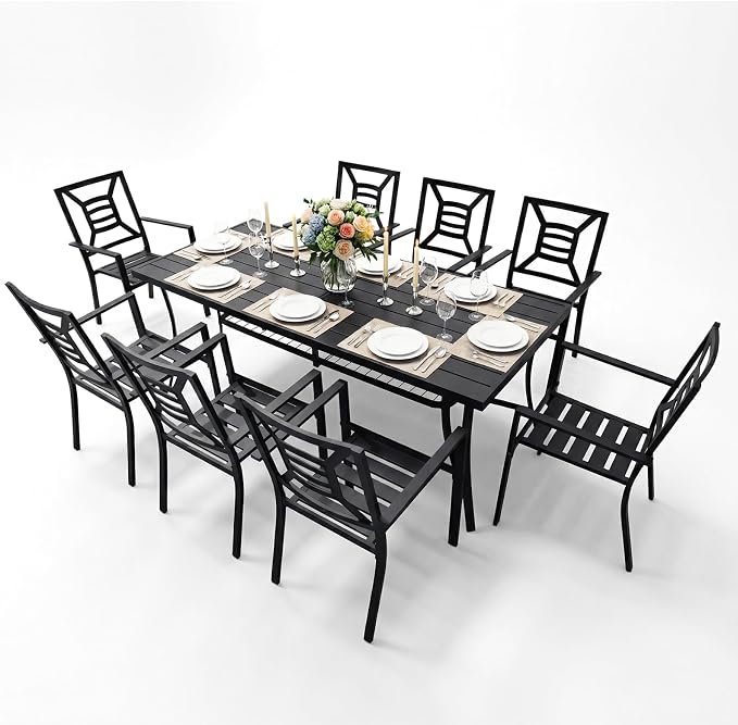9 Piece Outdoor Patio Dining Sets, 77" Rectangular Metal Dining Table with Umbrella Hole & 8 Stackable Metal Chairs, Weather Resistant Garden Furniture Set for Backyard, Deck, Porch - Image 9