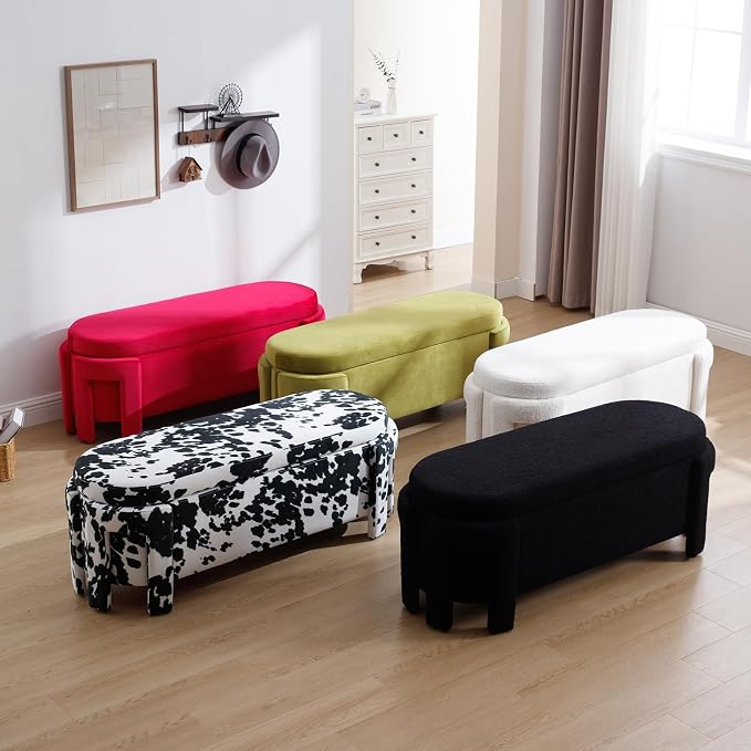50" Ottoman Storage Bench, Modern End of Bed Bench with Upholstered Seating, Comfy Cute Oval Entryway Bench for Living Room/Bedroom/Entrance/Hallway, Sherpa White - Image 9