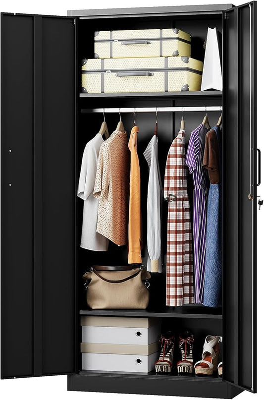 Metal Wardrobe Closet Cabinet,Armoire Wardrobe Closets Storage Cabinets with Doors and Shelves for Laundry Room,Bedroom,Home Office,Bathroom(Black)