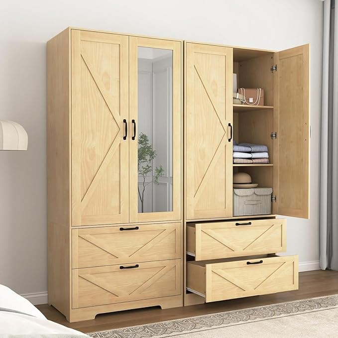 Natural Armoire Wardrobe Closet with Mirror Door and LED Lights,72" Tall Farmhouse Bedroom Armoire with Drawers and Adjustable Shelves,Wooden Armoire Wardrobe Closet for Bedroom