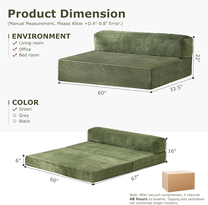 6-inch Folding Mattress Sofa Bed，Convertible Floor Bed & Sleeping Couch with Removable Corduroy Cover & Carry Handles, High-Density Foam (Green, Queen)