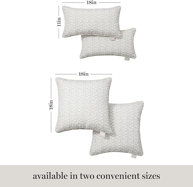 Martha Stewart Vineyard Vines Indoor Outdoor Decorative Pillow 2-Pack Set, UV Fade Resistant, Water Repellent, Printed Garden Design, Warm Grey, 18"x18"