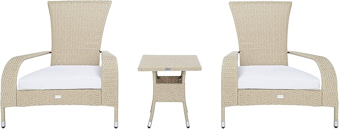 SAFAVIEH Outdoor Patio Furniture Collection Edna 3-Piece Lounge Set with Beige Faux Rattan Armchairs, Cushions & Side Table, Conversation Seating (PAT7719B)