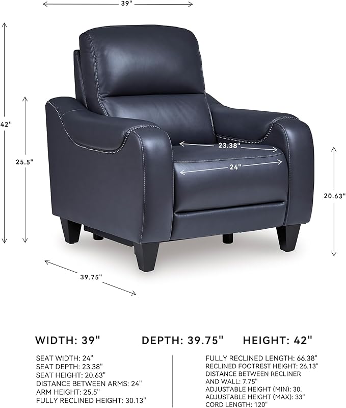 Signature Design by Ashley Mercomatic Contemporary Power Recliner with Adjustable Headrest and USB-C Fast Charging, Leather, 20.63" Seat Height, Blue