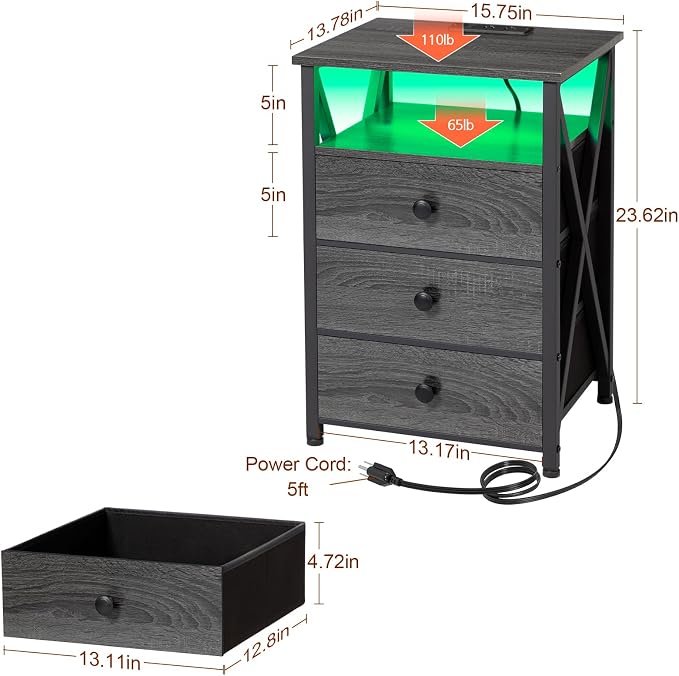 AMHANCIBLE Night Stand Set 2, LED Nightstand with Charging Station, End Side Tables with USB Port & Outlet, Bedside Table with Fabric Drawers for Bedroom, Dark Grey, HET053LDG - Image 3