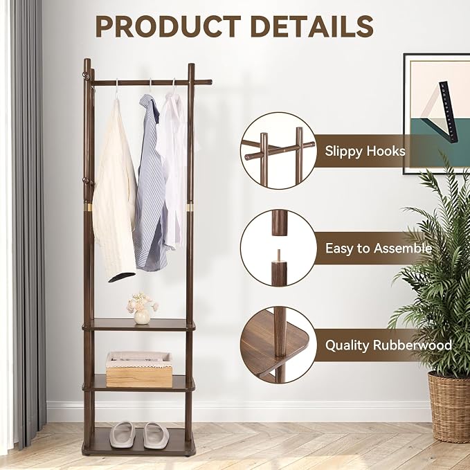 Wood Coat Rack Freestanding Clothing Rack with 3 Storage Shelves and 5 Hooks Coat Tree Heavy-Duty Garment Rack for Corner Entryways Living Rooms and Bedrooms, Walnut - Image 2