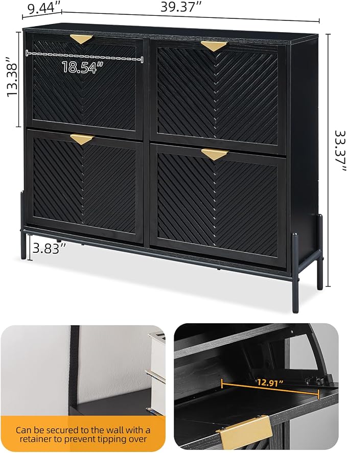 Shoe Cabinet Storage with 4 Flip Drawers, Narrow Hidden Shoes Organizer Cabinet for Entryway, Freestanding Slim Shoe Rack Front Door Entrance(Black) - Image 2