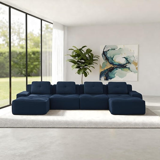 Casaphoria 150'' Blue Boneless Sectional Sofa, Corduroy 4-Seater Cloud Couch with 4 Pillows & 2 Ottomans for Living Room, U-Shaped Deep Seat Modular Sofa for Apartment, No Assembly