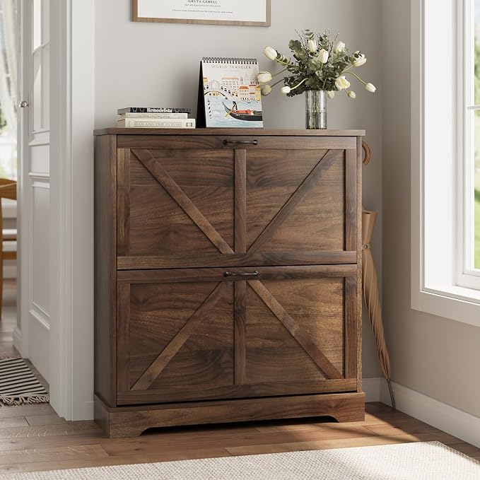 Smart FENDEE Shoe Cabinet, Shoe Storage Cabinet for Entryway with 2 Flip Drawers, Narrow Farmhouse Shoe Organizer Cabinet, Slim Shoe Rack Cabinet, 31.5in Walnut by SmartFENDEE