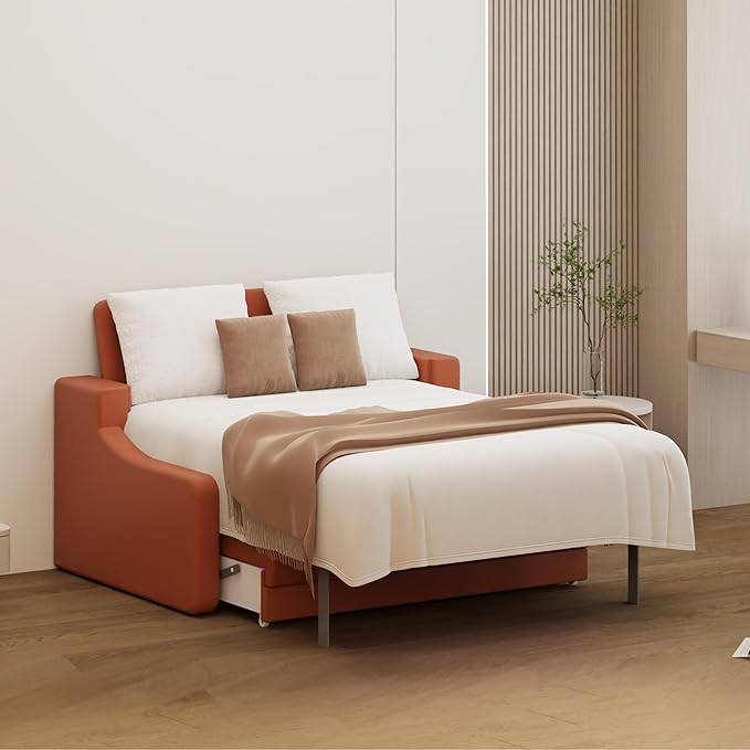Full Size Murphy Bed Cabinet with Loveseat Sofa, White Hidden Beds,Wall Bedframe w/Orange Couch for Bedroom,Space-Saving, Noise Free